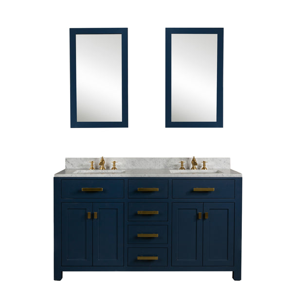 MADISON 60W x 34H Monarch Blue Double-Sink Vanity with Carrara White Marble Countertop + Faucets & Mirror (F2-0013-06-FX)