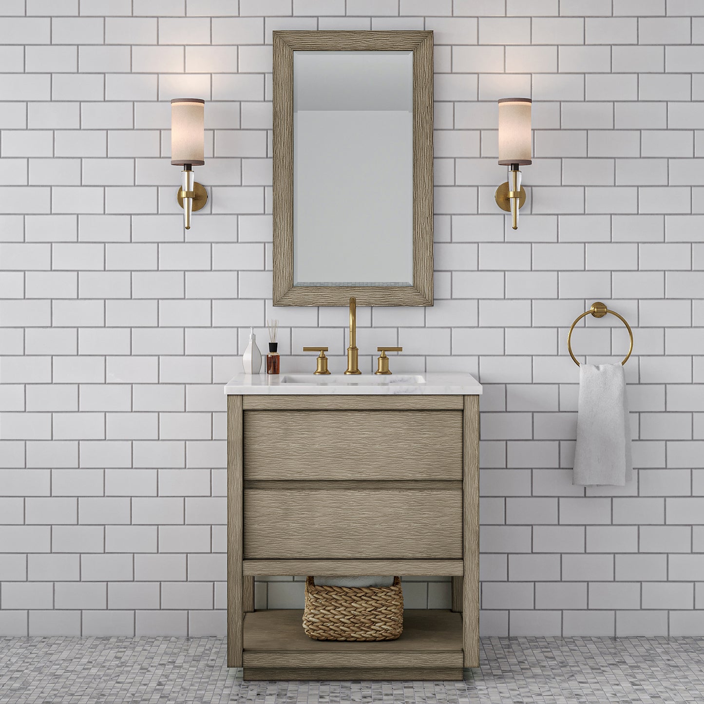 OAKMAN 72"W x 34.3"H Gray Oak Single-Sink Vanity with Carrara White Marble Countertop + Gold Faucets and Rectangular Mirrors