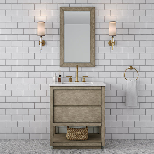 OAKMAN 72"W x 34.3"H Gray Oak Single-Sink Vanity with Carrara White Marble Countertop + Gold Faucets and Rectangular Mirrors