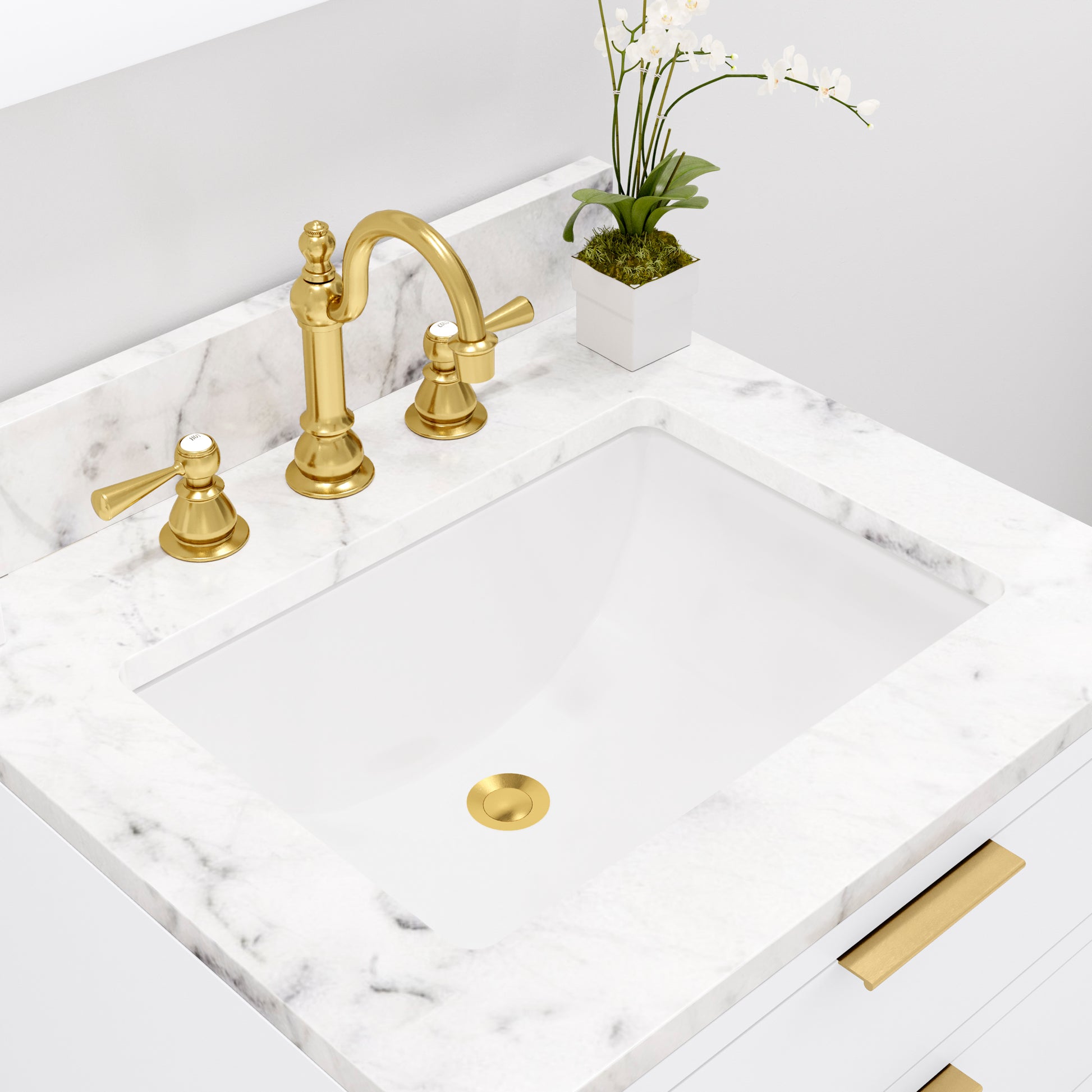 BRISTOL 24"W x 34"H Pure White Single-Sink Vanity with Carrara White Marble Countertop + Satin Gold Hook Faucet