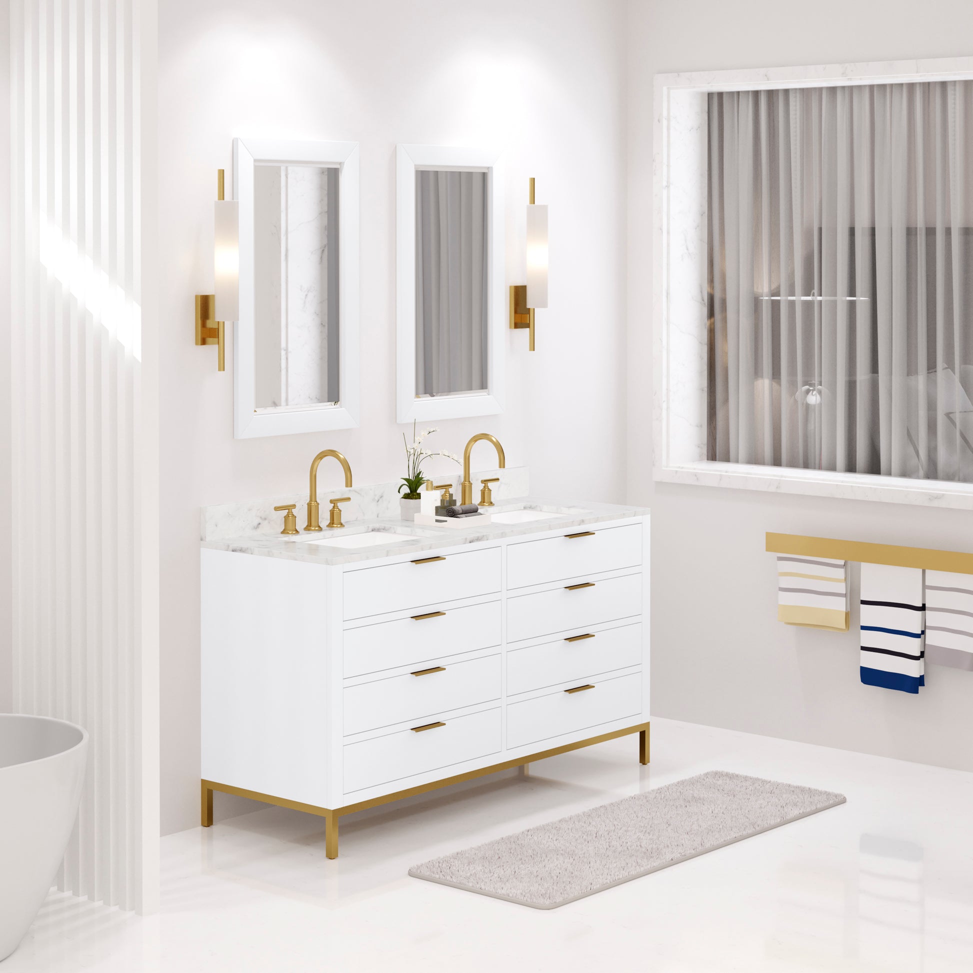 BRISTOL 60"W x 34"H Pure White Double-Sink Vanity with Carrara White Marble Countertop + Satin Gold Gooseneck Faucets and Rectangular Mirrors (S)