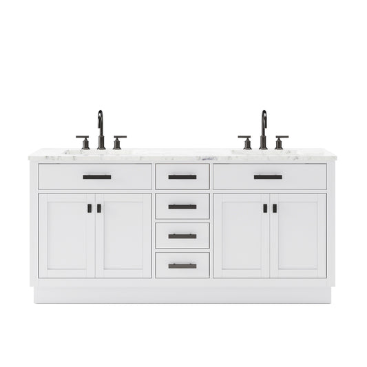 HARTFORD 72"W x 34"H Pure White Double-Sink Vanity with Carrara White Marble Countertop + Gooseneck Faucet