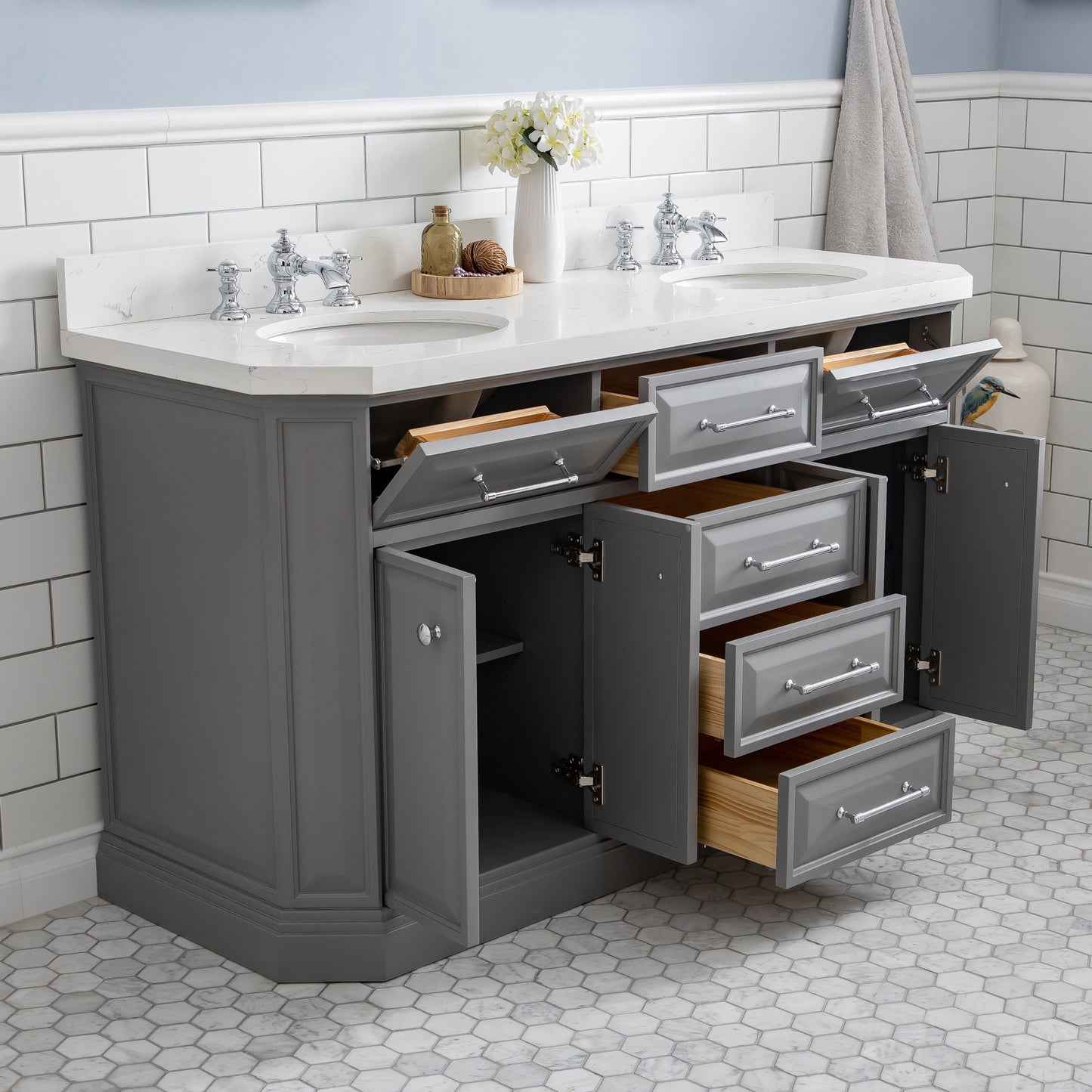 PALACE 60"W x 34"H Cashmere Gray Vanity with Carrara Quartz Countertop + Faucets (F2-0013), Chrome Finish Hardware