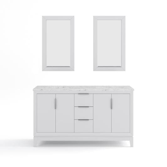 ELIZABETH 60"W x 34.25"H Pure White Double-Sink Vanity with Carrara White Marble Countertop + Mirror