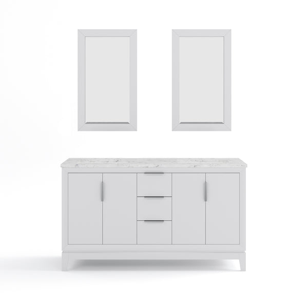 ELIZABETH 60W x 34.25H Pure White Double-Sink Vanity with Carrara White Marble Countertop + Mirror