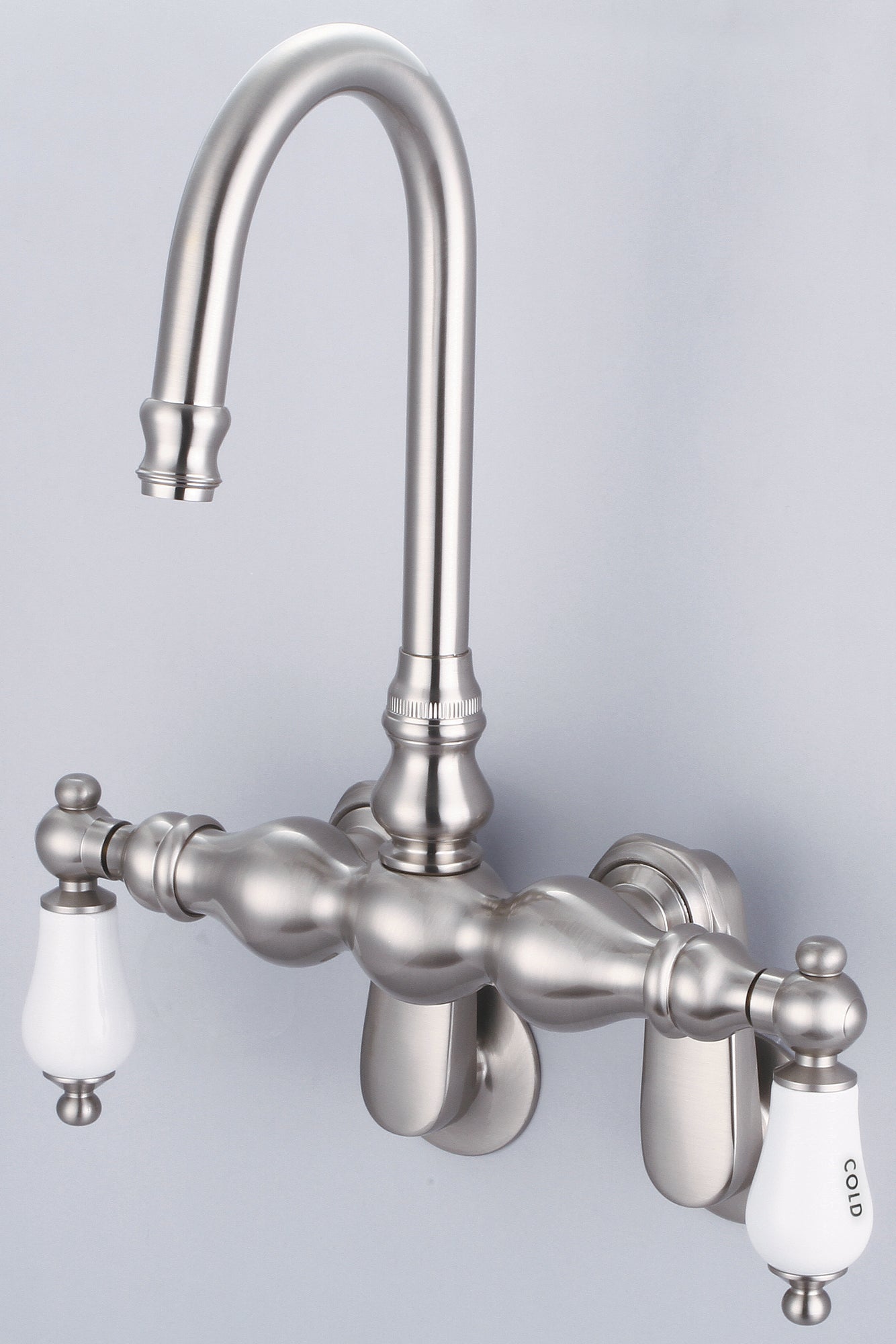 Vintage Classic Adjustable Spread Wall Mount Tub Faucet With Gooseneck Spout & Swivel Wall Connector in Brushed Nickel Finish, With Porcelain Lever Handles, Hot And Cold Labels Included