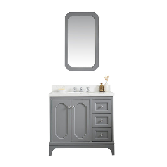 QUEEN 36"W x 34"H Cashmere Gray Single-Sink Vanity with Carrara Quartz Countertop + Faucets & Mirror (F2-0009-01-BX)