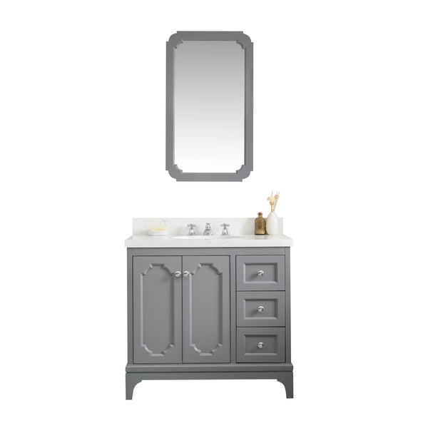 QUEEN 36W x 34H Cashmere Gray Single-Sink Vanity with Carrara Quartz Countertop + Faucets & Mirror (F2-0009-01-BX)