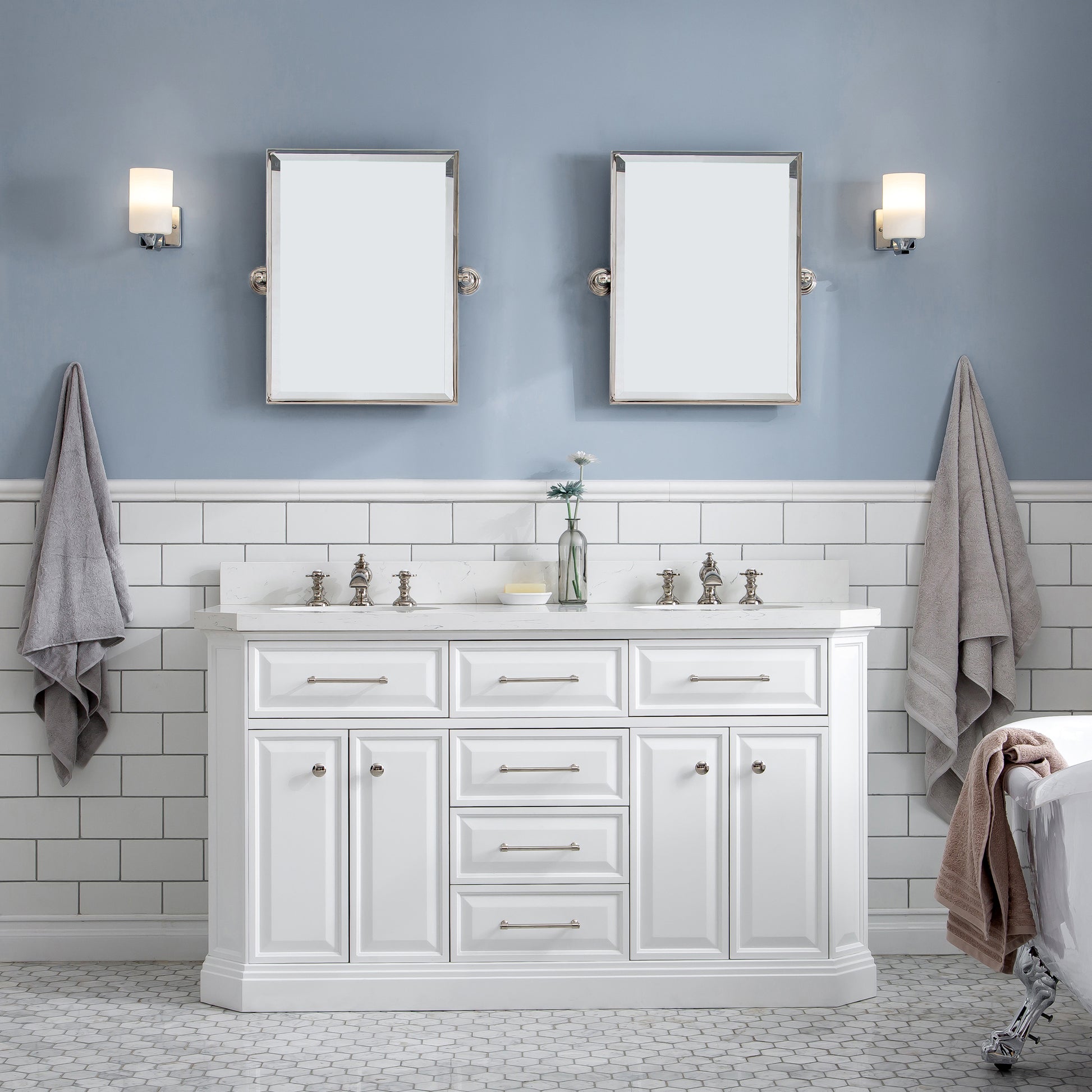 PALACE 60"W x 34"H Pure White Vanity with Carrara Quartz Countertop + Faucets (F2-0013), Polished Nickel Finish Hardware