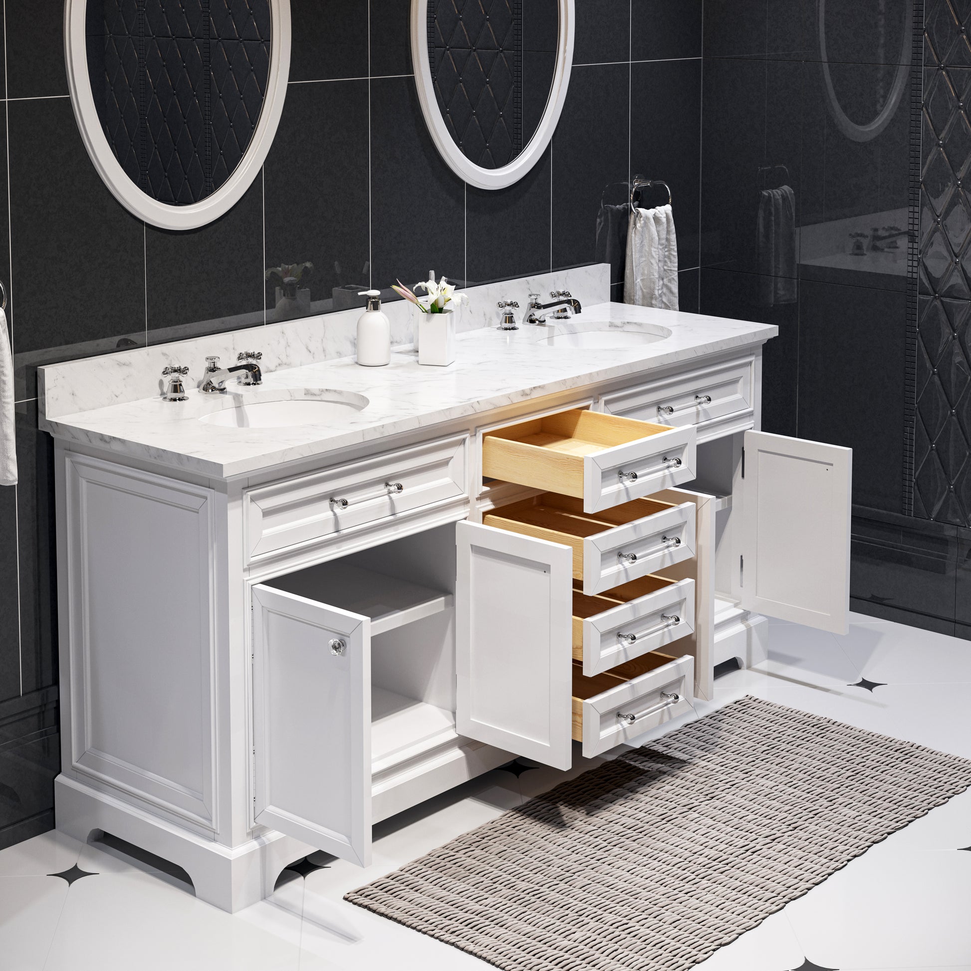 DERBY 72"W x 34"H Pure White Double-Sink Vanity with Carrara White Marble Countertop + Faucet