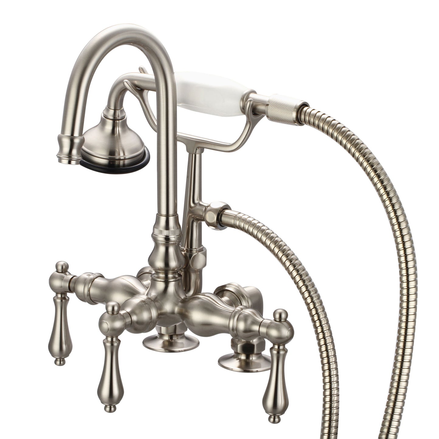 Vintage Classic 3.375" Center Deck Mount Tub Faucet With Gooseneck Spout, 2" Risers & Handheld Shower in Brushed Nickel Finish, With Metal Lever Handles Without Labels