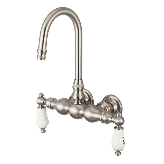 Vintage Classic 3.375" Center Wall Mount Tub Faucet With Gooseneck Spout & Straight Wall Connector in Brushed Nickel Finish, With Porcelain Lever Handles, Hot And Cold Labels Included