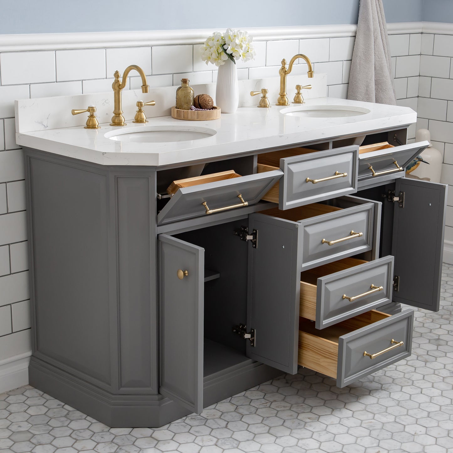 PALACE 60"W x 34"H Cashmere Gray Vanity with Carrara Quartz Countertop + Faucets & Mirrors (F2-0012), Satin Gold Finish Hardware & Chrome Finish Mirror (A)