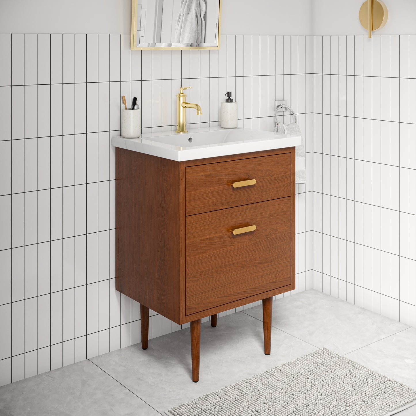 BRANDY 24.5"W x 34.7"H Honey Walnut Integrated Ceramic Sink Vanity + Satin Gold Single Faucet