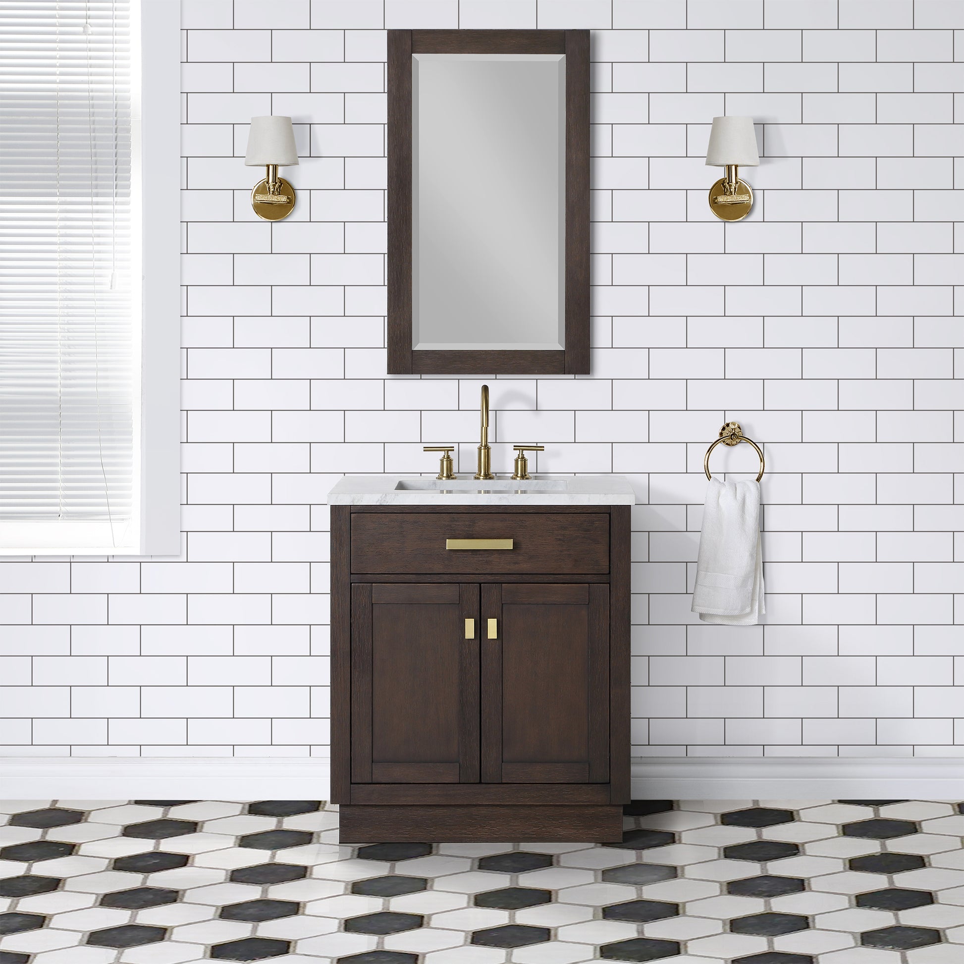 CHESTNUT 30"W x 34.2"H Brown Oak Single-Sink Vanity with Carrara White Marble Countertop