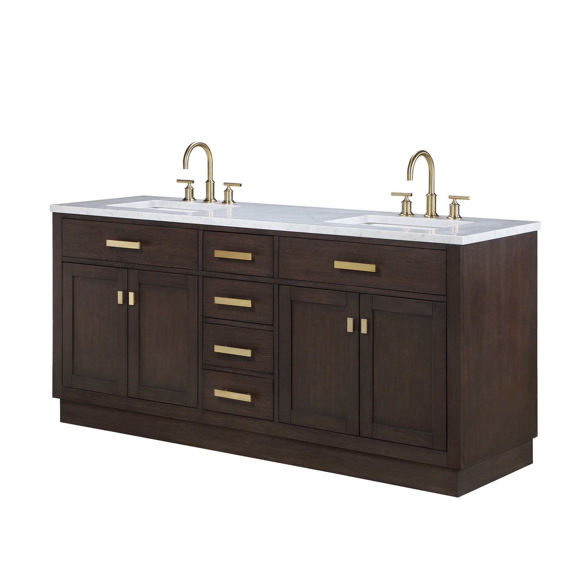 CHESTNUT 72"W x 34.2"H Brown Oak Double-Sink Vanity with Carrara White Marble Countertop + Faucets