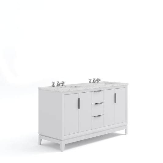 ELIZABETH 60"W x 34.25"H Pure White Double-Sink Vanity with Carrara White Marble Countertop + Faucets (F2-0009-01-BX)