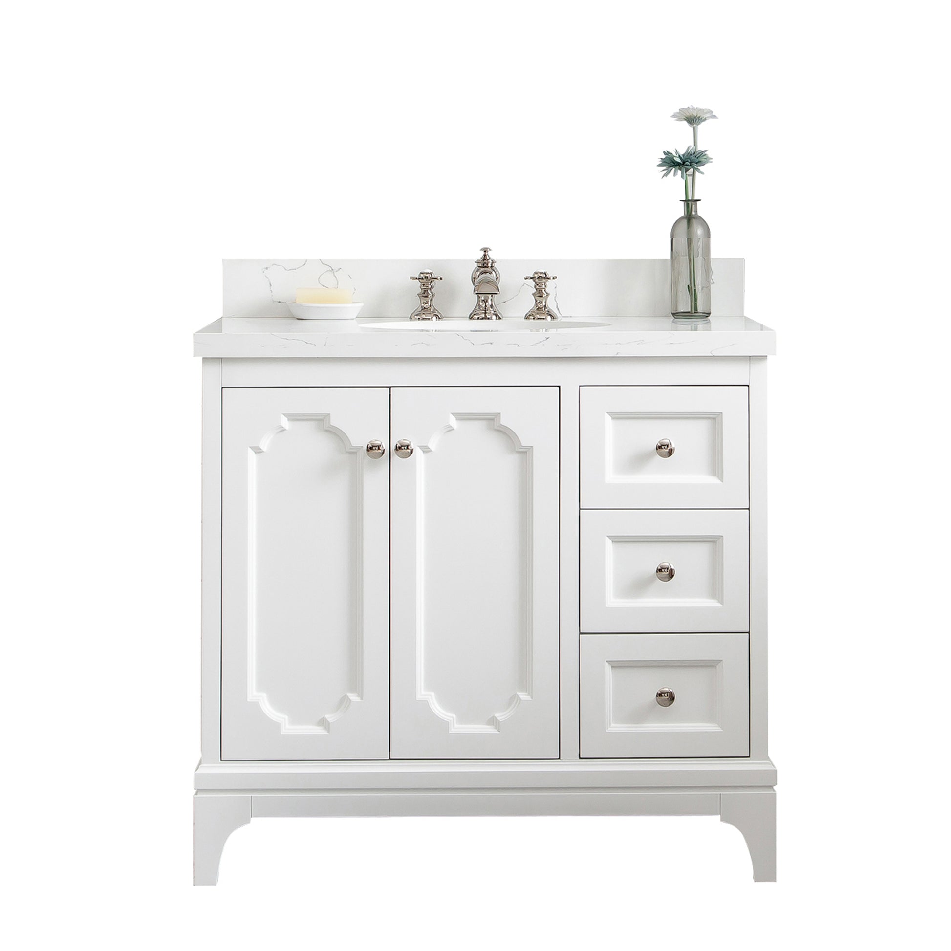 QUEEN 36"W x 34"H Pure White Single-Sink Vanity with Carrara Quartz Countertop + Faucets (F2-0013)