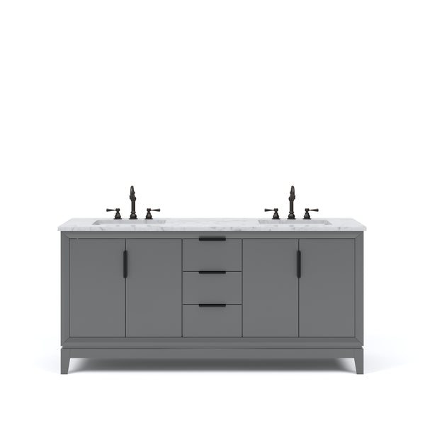 ELIZABETH 72W x 34.25H Cashmere Gray Double-Sink Vanity with Carrara White Marble Countertop + Faucets (F2-0012-03-TL)