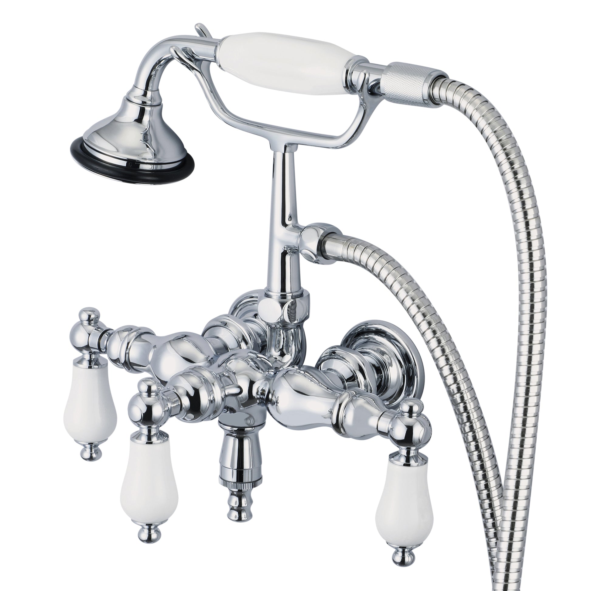 Vintage Classic 3.375" Center Wall Mount Tub Faucet With Down Spout, Straight Wall Connector & Handheld Shower in Chrome Finish, With Porcelain Lever Handles Without labels