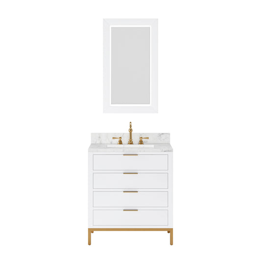 BRISTOL 30"W x 34"H Pure White Single-Sink Vanity with Carrara White Marble Countertop + Rectangular Mirror (S)