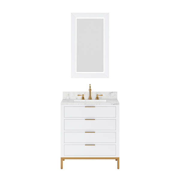 BRISTOL 30W x 34H Pure White Single-Sink Vanity with Carrara White Marble Countertop + Rectangular Mirror (S)