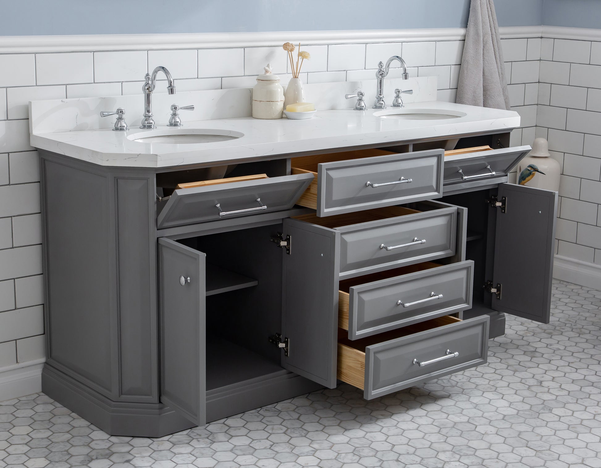 PALACE 72"W x 34"H Cashmere Gray Vanity with Carrara Quartz Countertop + Faucets (F2-0012), Chrome Finish Hardware