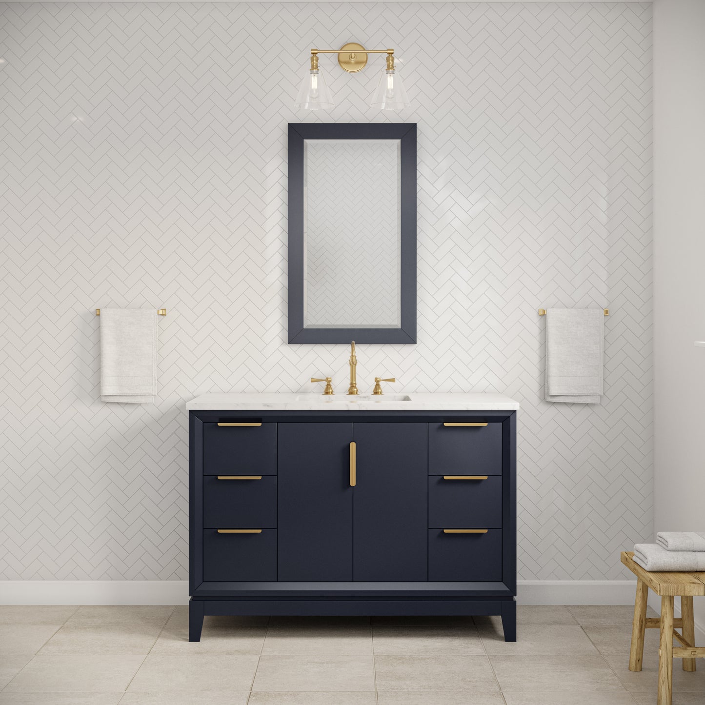 ELIZABETH 48"W x 34.25"H Monarch Blue Single-Sink Vanity with Carrara White Marble Countertop + Faucets & Mirror (F2-0012-06-TL)