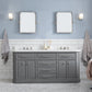 PALACE 72"W x 34"H Cashmere Gray Vanity with Carrara Quartz Countertop + Faucets (F2-0009), Polished Nickel Finish Hardware