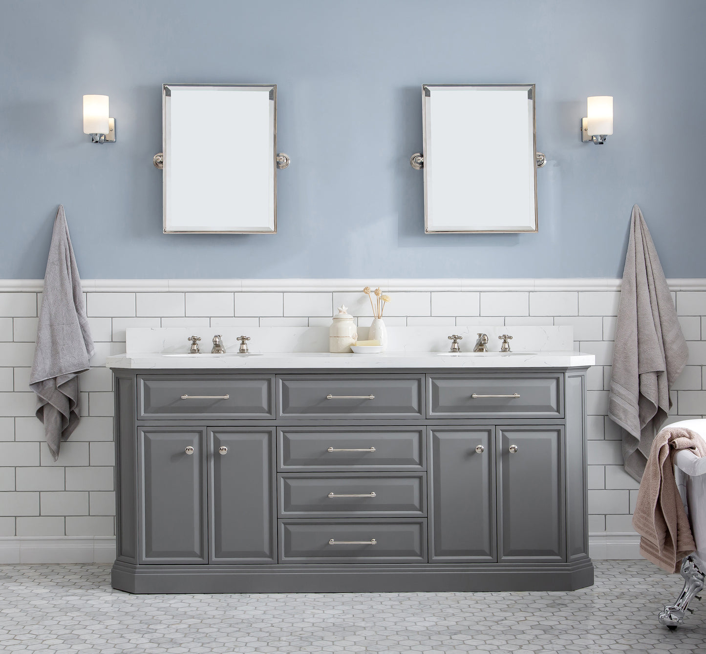 PALACE 72"W x 34"H Cashmere Gray Vanity with Carrara Quartz Countertop + Faucets (F2-0009), Polished Nickel Finish Hardware