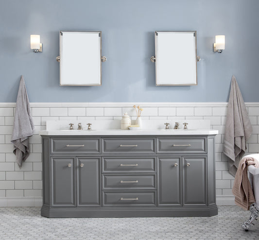 PALACE 72"W x 34"H Cashmere Gray Vanity with Carrara Quartz Countertop + Faucets (F2-0009), Polished Nickel Finish Hardware