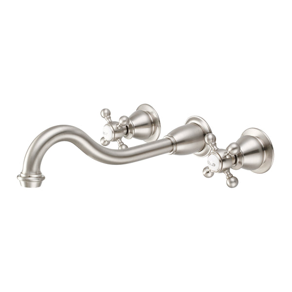 Elegant Spout Wall Mount Vessel/Bathroom Faucets in Brushed Nickel Finish, With Metal Lever Handles, Hot And Cold Labels Included