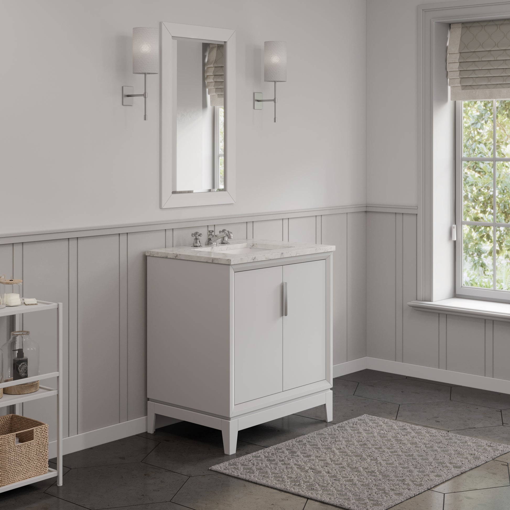 ELIZABETH 30"W x 34.25"H Pure White Single-Sink Vanity with Carrara White Marble Countertop + Faucets & Mirror (F2-0009-01-BX)