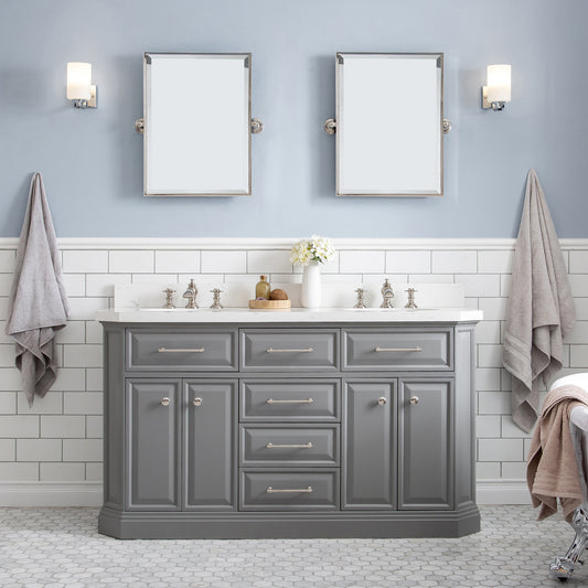 PALACE 60"W x 34"H Cashmere Gray Vanity with Carrara Quartz Countertop + Faucets & Mirror (F2-0013), Polished Nickel Finish Hardware & Mirror