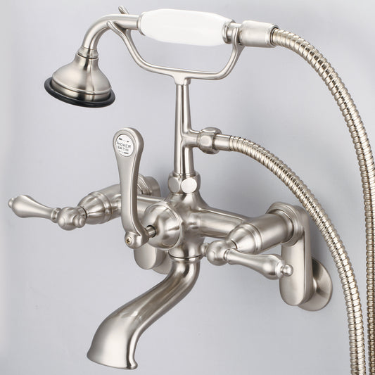 Vintage Classic Adjustable Center Wall Mount Tub Faucet With Swivel Wall Connector & Handheld Shower in Brushed Nickel Finish, With Metal Lever Handles Without Labels