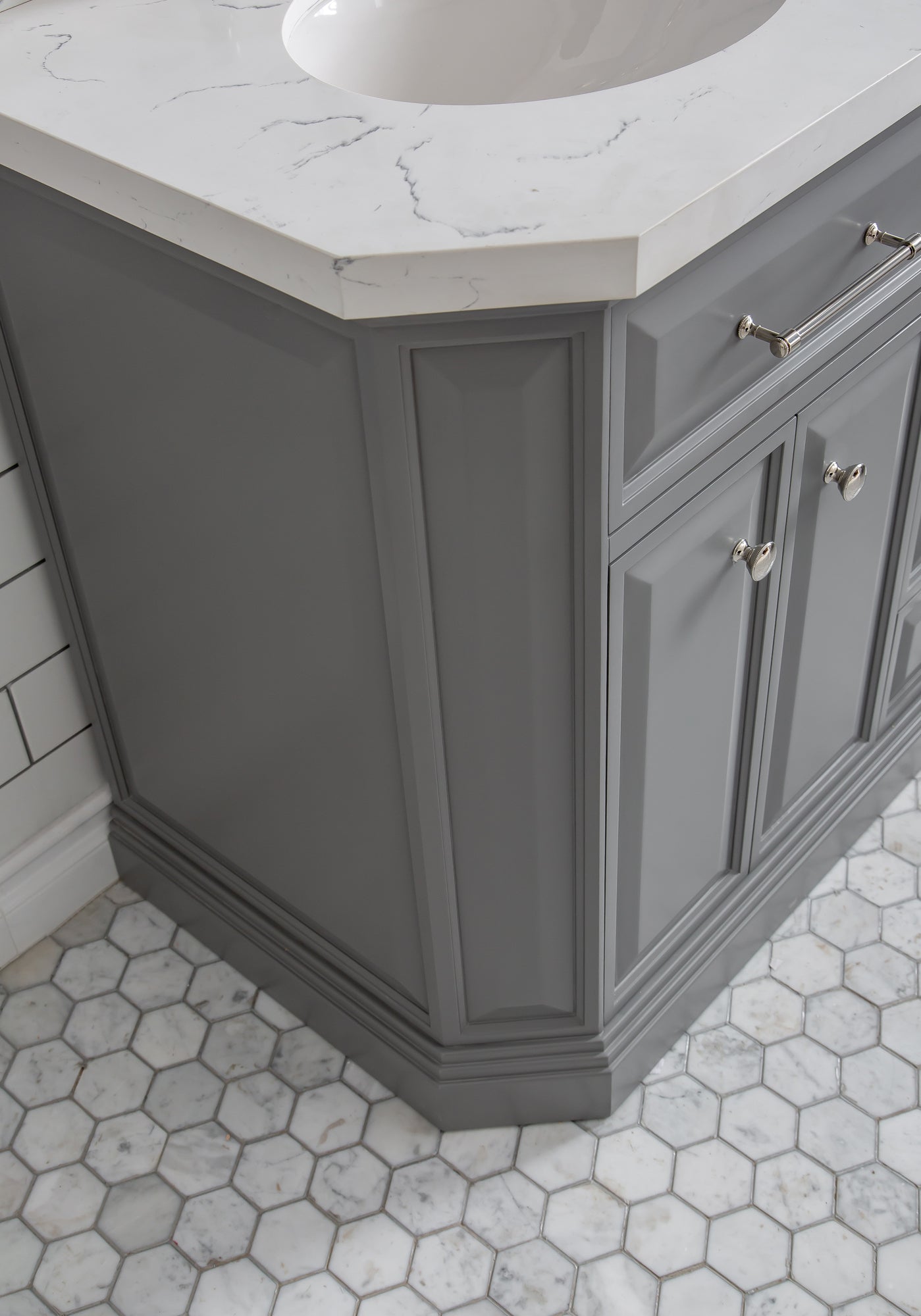 PALACE 60"W x 34"H Cashmere Gray Vanity with Carrara Quartz Countertop + Mirror, Polished Nickel Finish Hardware & Mirror