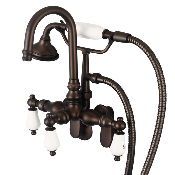 Vintage Classic Adjustable Spread Wall Mount Tub Faucet With Gooseneck Spout, Swivel Wall Connector & Handheld Shower in Oil Rubbed Bronze Finish, With Porcelain Lever Handles, Hot And Cold Labels Included