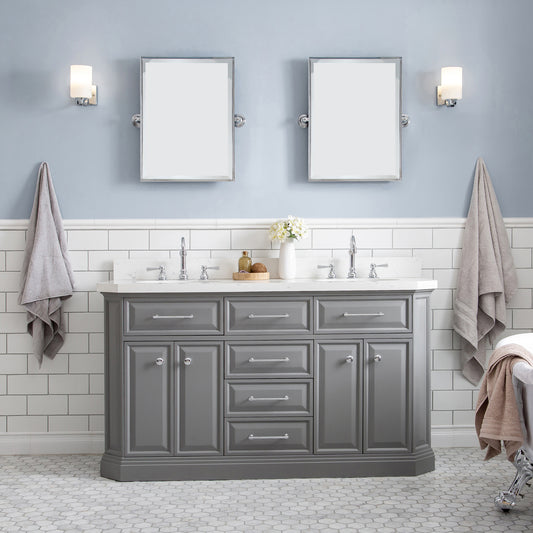 PALACE 60"W x 34"H Cashmere Gray Vanity with Carrara Quartz Countertop + Faucets & Mirror (F2-0012), Chrome Finish Hardware & Mirror