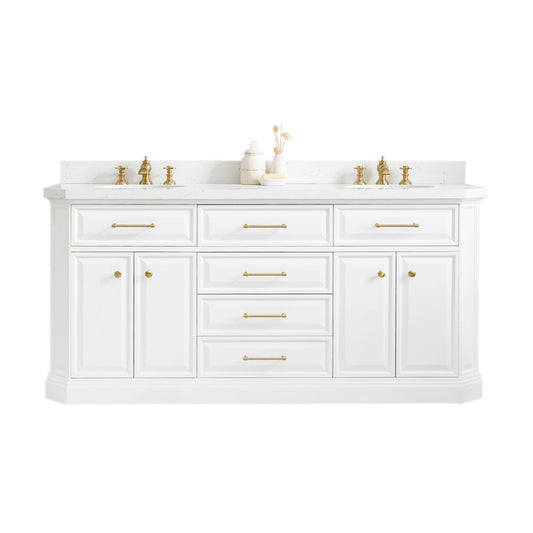 PALACE 72"W x 34"H Pure White Vanity with Carrara Quartz Countertop + Mirrors, Satin Gold Finish Hardware & Chrome Finish Mirror (A)