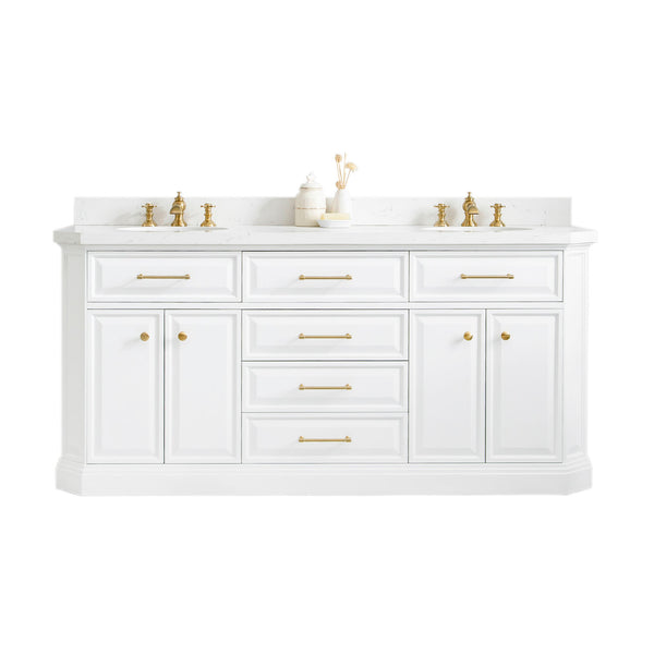 PALACE 72W x 34H Pure White Vanity with Carrara Quartz Countertop + Mirrors, Satin Gold Finish Hardware & Chrome Finish Mirror (A)