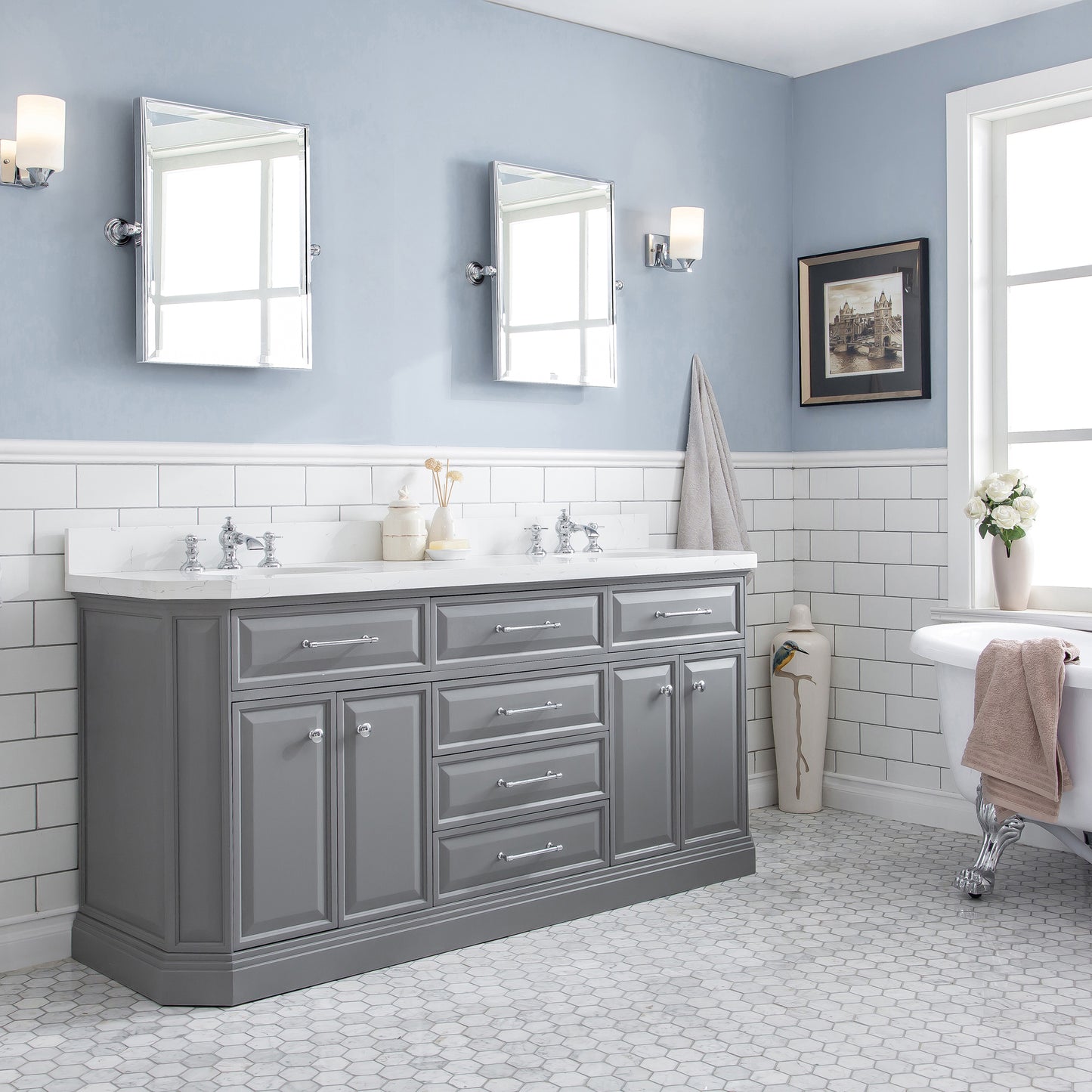 PALACE 72"W x 34"H Cashmere Gray Vanity with Carrara Quartz Countertop + Faucets (F2-0013), Chrome Finish Hardware