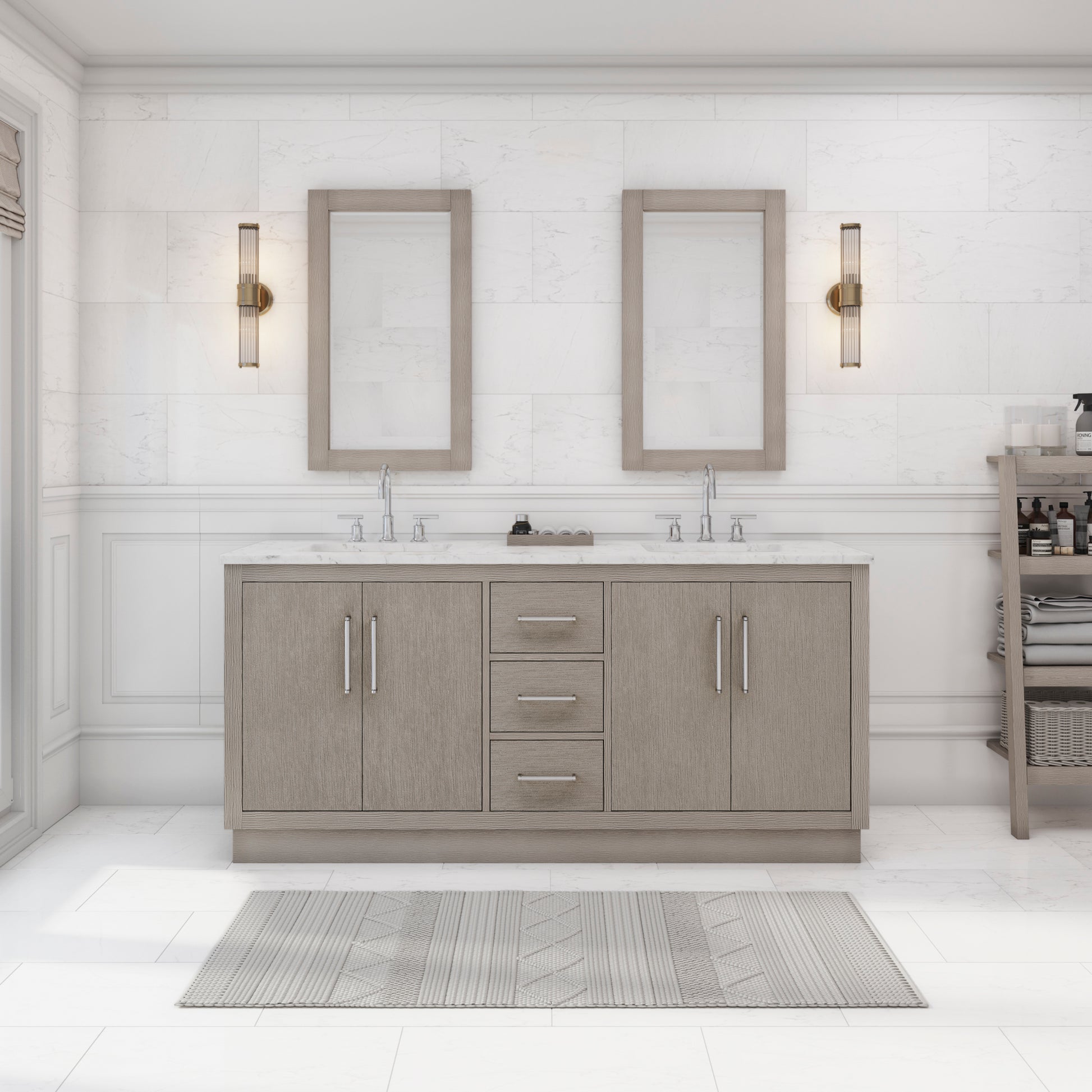 HUGO 72"W x 34.3"H Gray Oak Double-Sink Vanity with Carrara White Marble Countertop + Gooseneck Faucets