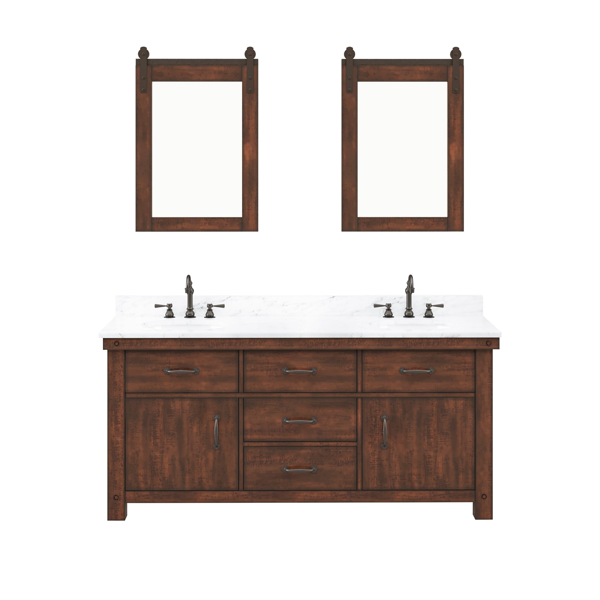 ABERDEEN 72"W x 34"H Sierra Rustic Double-Sink Vanity with Carrara White Marble Countertop + Hook Faucets and Mirrors