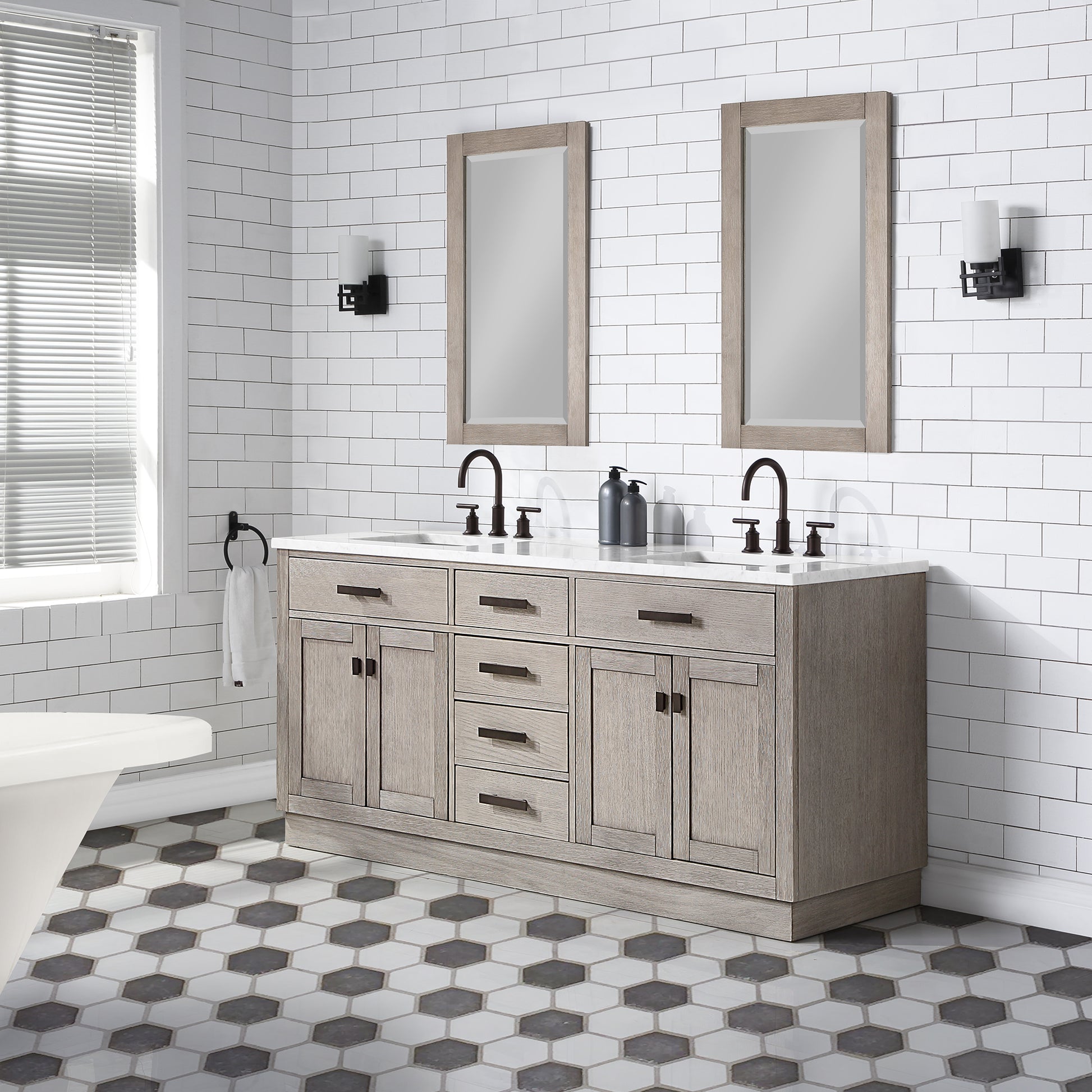 CHESTNUT 72"W x 34.2"H Gray Oak Double-Sink Vanity with Carrara White Marble Countertop + Mirrors