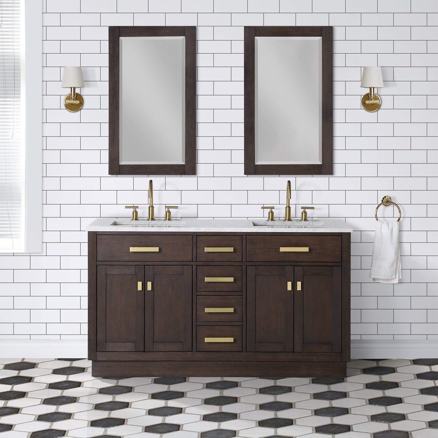 CHESTNUT 60"W x 34.2"H Brown Oak Double-Sink Vanity with Carrara White Marble Countertop + Faucets & Mirrors