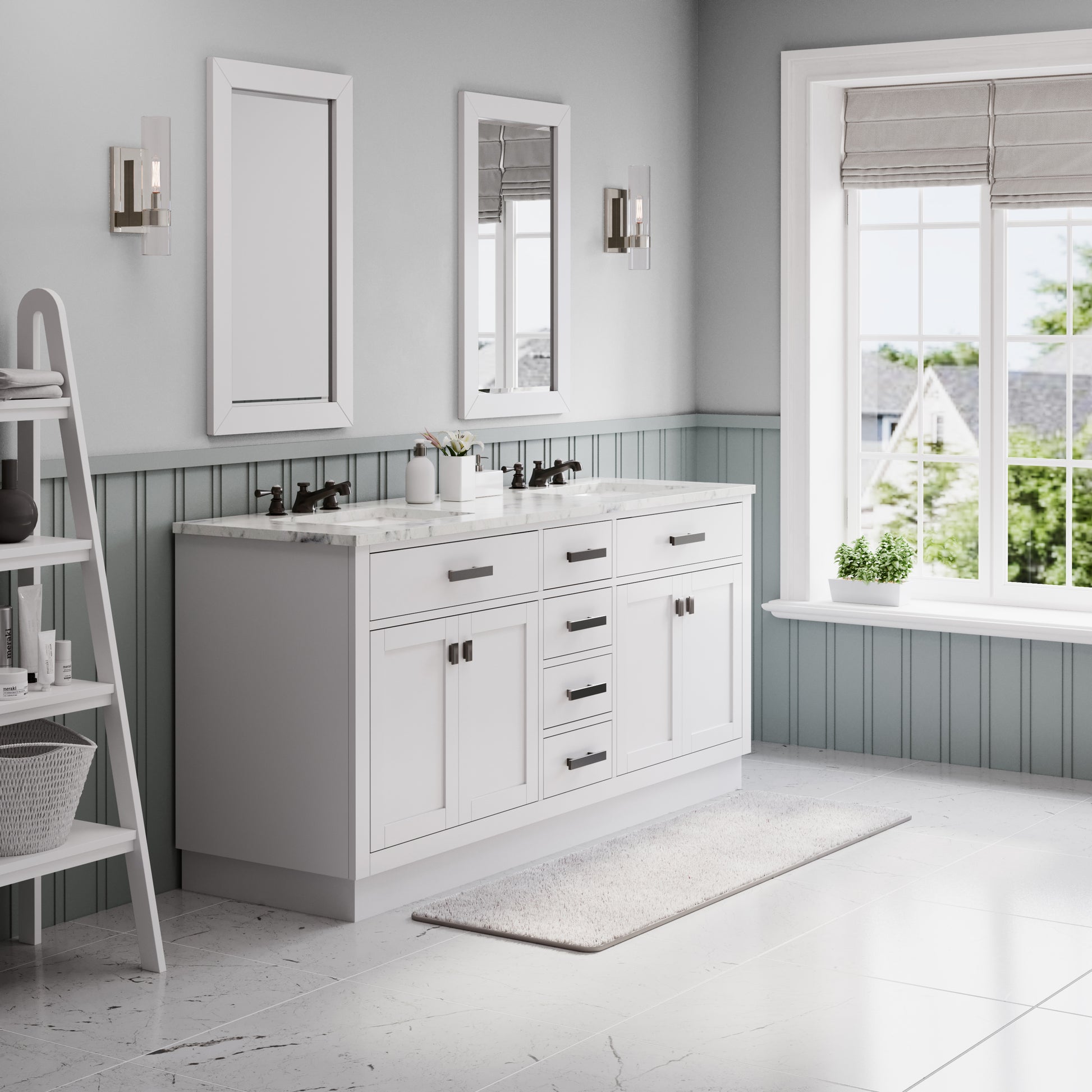 HARTFORD 72"W x 34"H Pure White Double-Sink Vanity with Carrara White Marble Countertop + Classic Faucet and Rectangular Mirror (S)