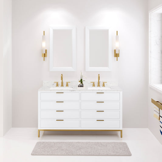 BRISTOL 60"W x 34"H Pure White Double-Sink Vanity with Carrara White Marble Countertop + Satin Gold Gooseneck Faucets