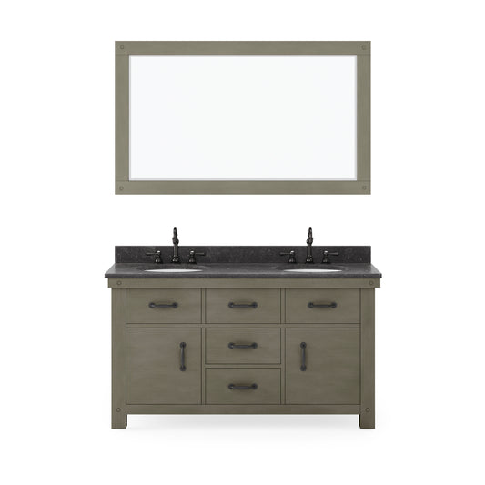 ABERDEEN 60"W x 34"H Grizzle Grey Double-Sink Vanity with Blue Limestone Countertop + Faucets & Mirror