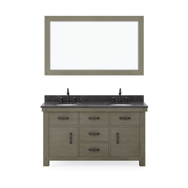 ABERDEEN 60W x 34H Grizzle Grey Double-Sink Vanity with Blue Limestone Countertop + Faucets & Mirror