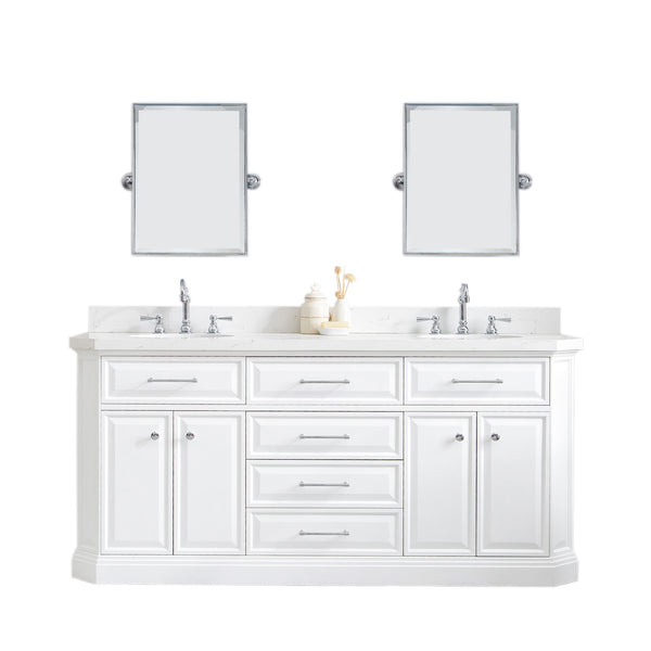 PALACE 72W x 34H Pure White Vanity with Carrara Quartz Countertop + Faucets & Mirror (F2-0012), Chrome Finish Hardware & Mirror